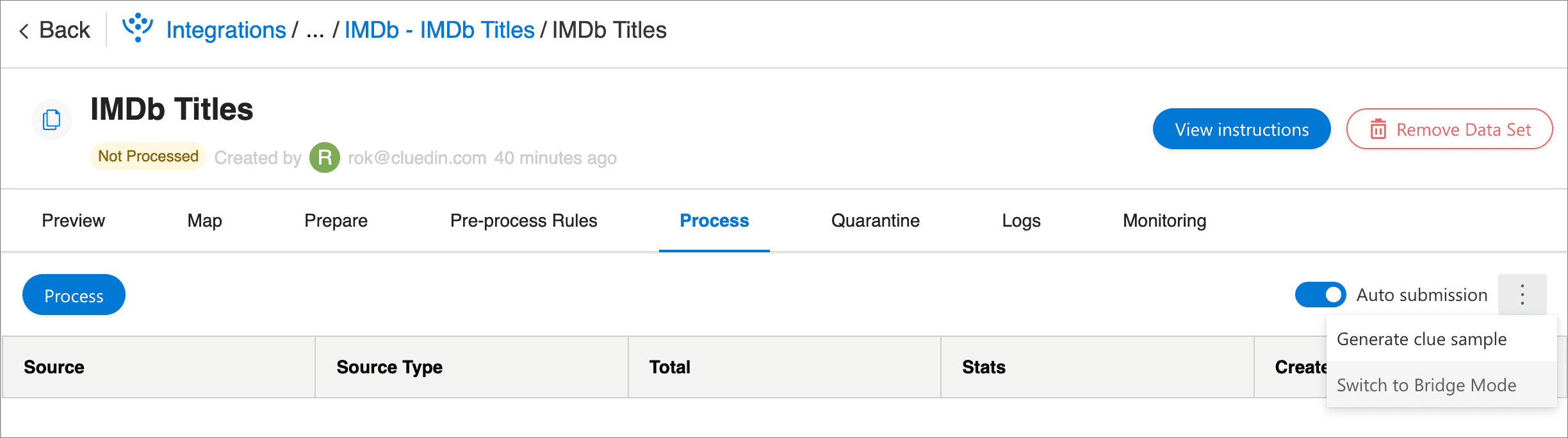 The data set Process tab with the Auto submission toggle on and the menu open on Switch to Bridge Mode