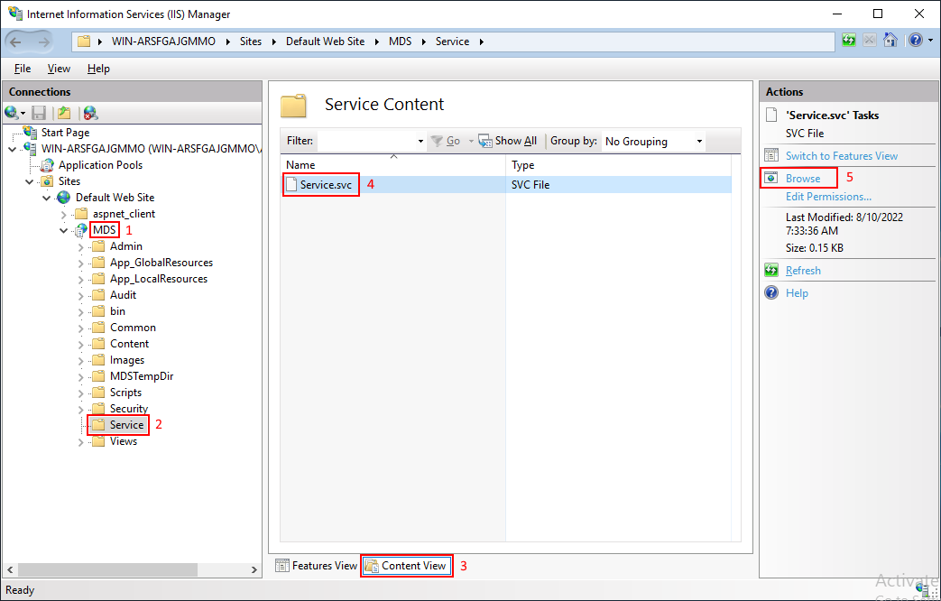 IIS Manager numbered steps: select MDS, select Service, switch to Content View, select Service.svc, and select Browse