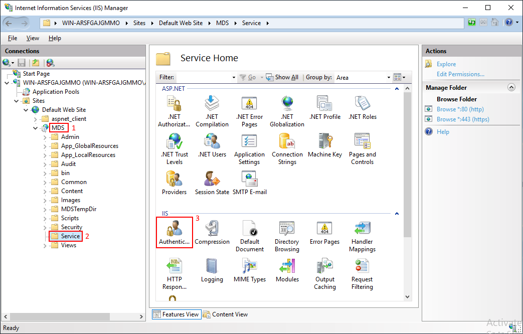 IIS Manager with the MDS site and its Service folder selected in Connections, and Authentication highlighted in Service Home