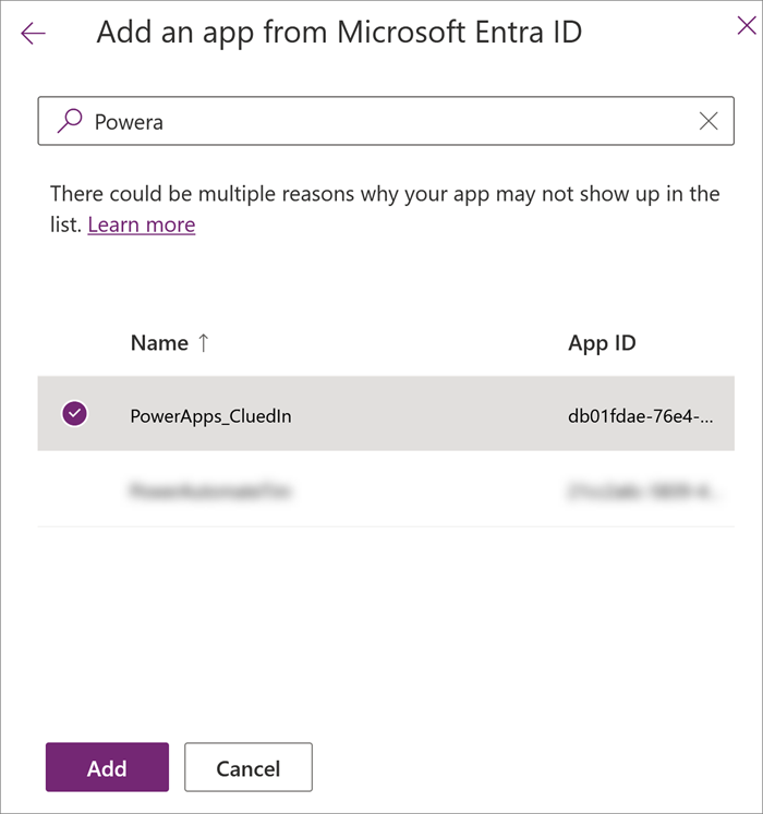 Add an app from Microsoft Entra ID pane with the PowerApps_CluedIn app selected, and the Add button