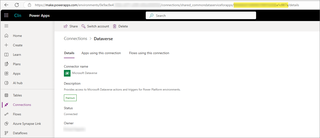 Dataverse connection details page in Power Apps, with the connection ID highlighted at the end of the browser URL