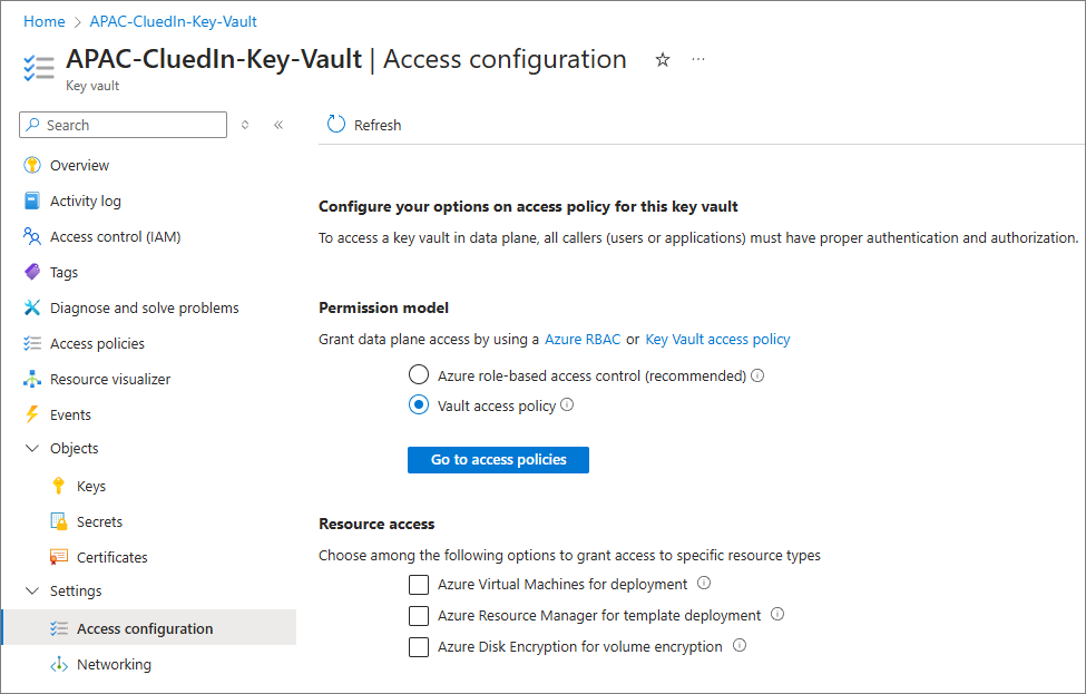 The key vault Access configuration page with Vault access policy selected as the Permission model