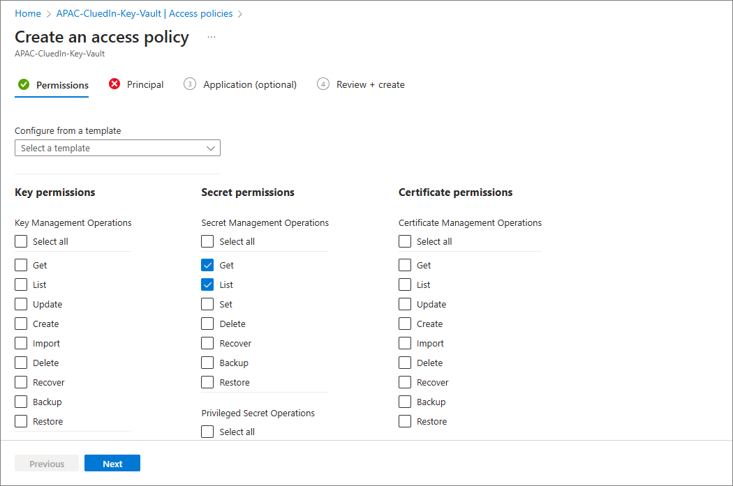 The Permissions tab of Create an access policy, with Get and List checked under Secret permissions