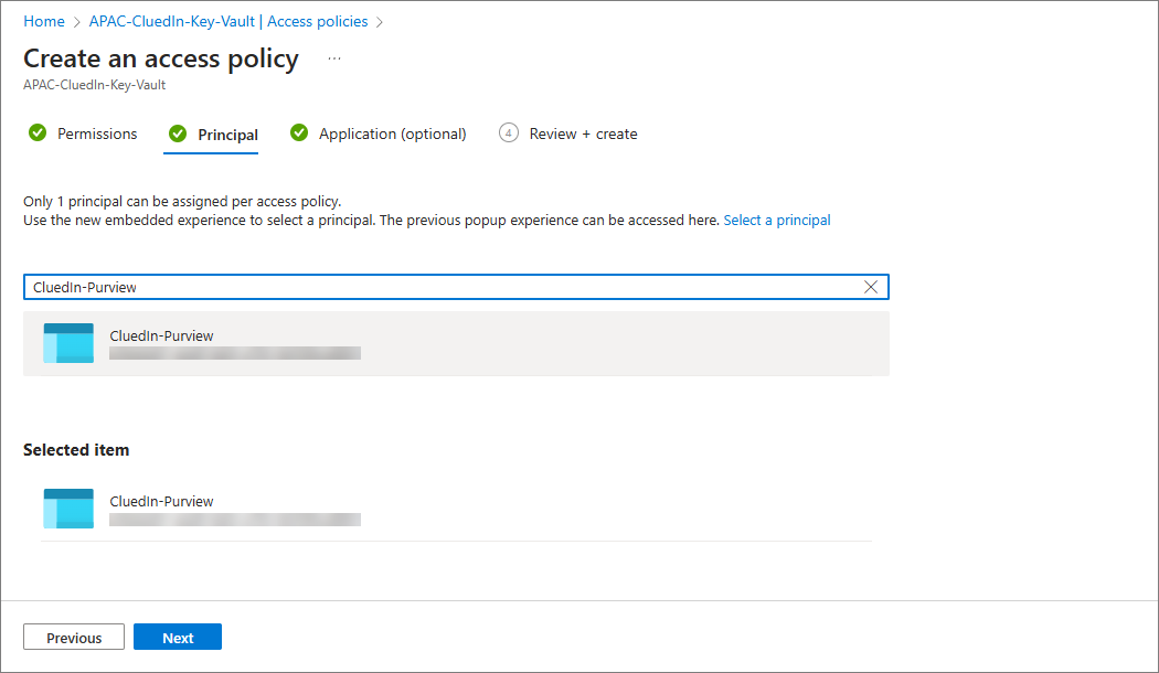 The Principal tab of Create an access policy, with the CluedIn-Purview account found and shown as the selected item