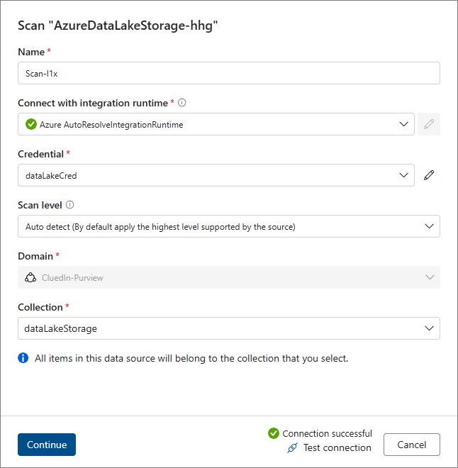 The scan setup pane with the new credential selected and a Connection successful message next to Test connection