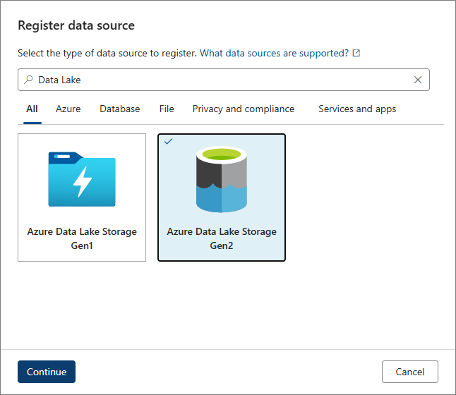 The Register data source dialog filtered on Data Lake, with Azure Data Lake Storage Gen2 selected