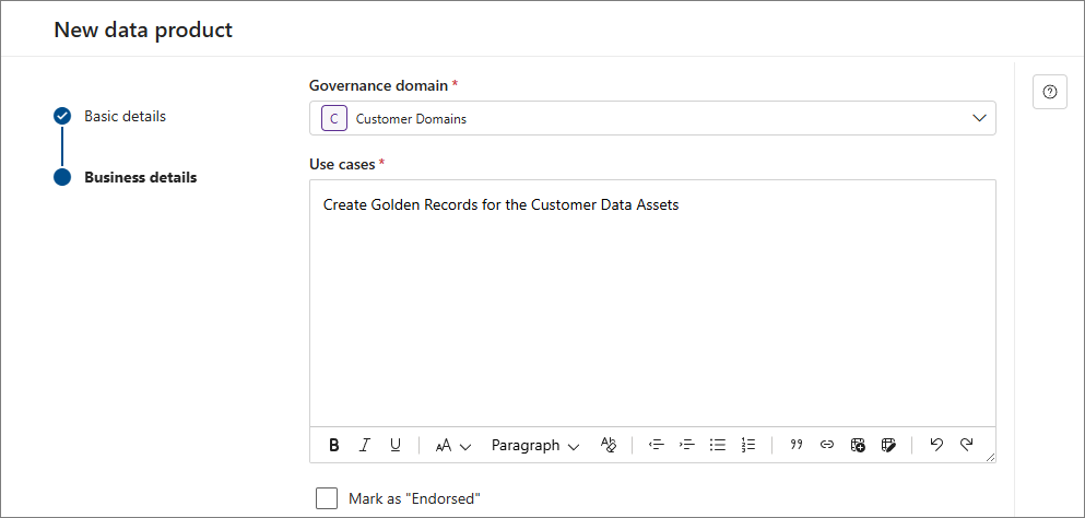 The New data product Business details step, with Governance domain Customer Domains and the Use cases field filled in