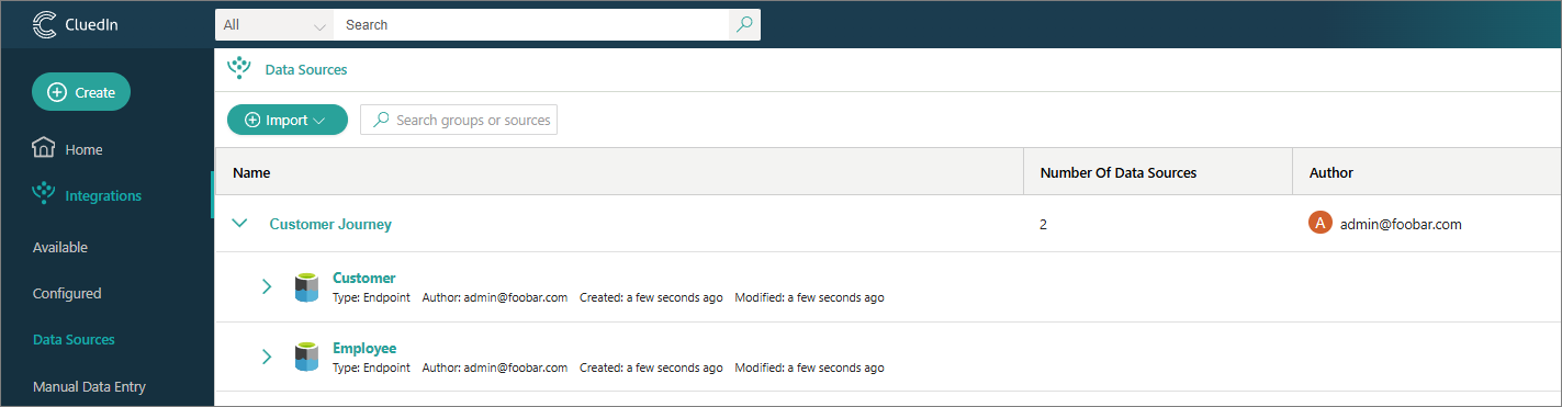 The CluedIn Data Sources page with the Customer Journey group containing the Customer and Employee endpoint data sources
