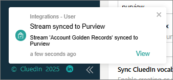 A notification: Stream synced to Purview, Stream Account Golden Records synced to Purview