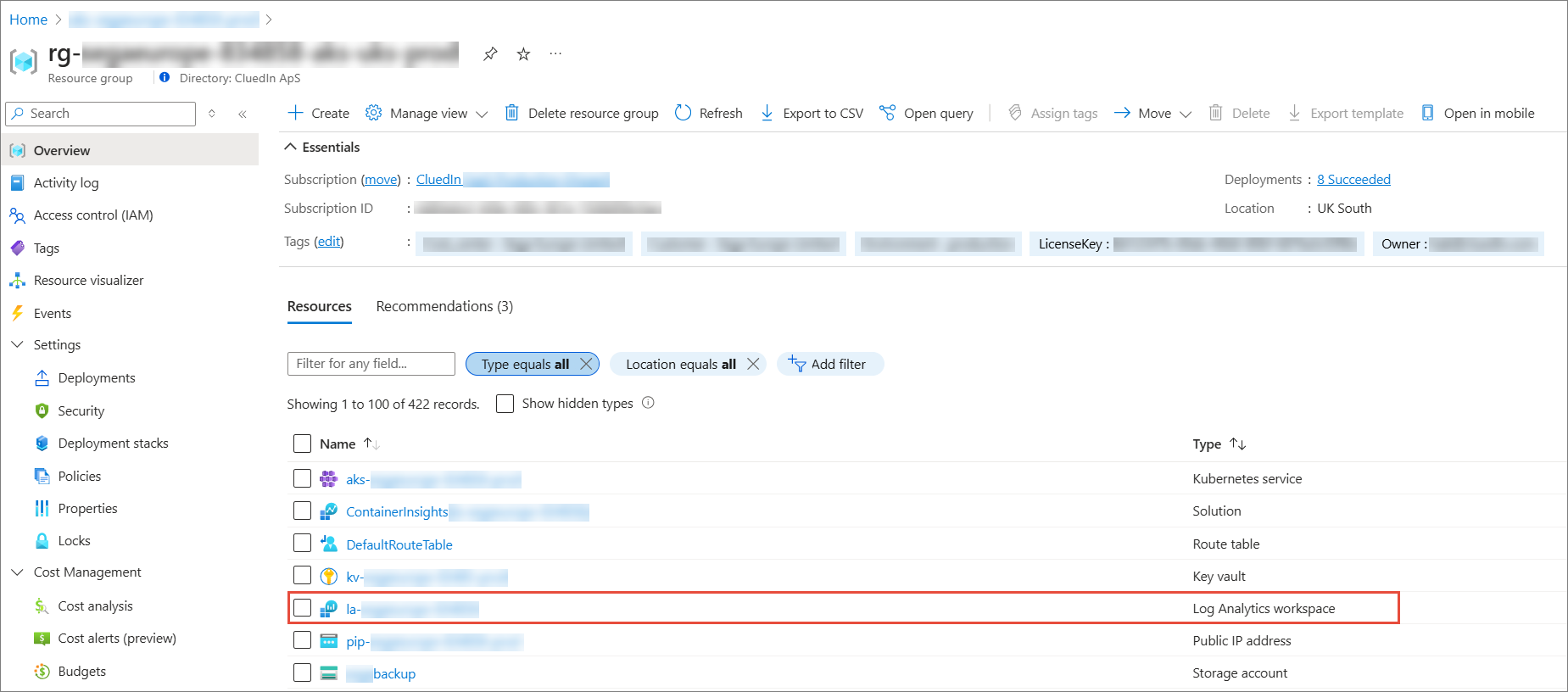 Azure resource group overview listing its resources, with the Log Analytics workspace resource highlighted