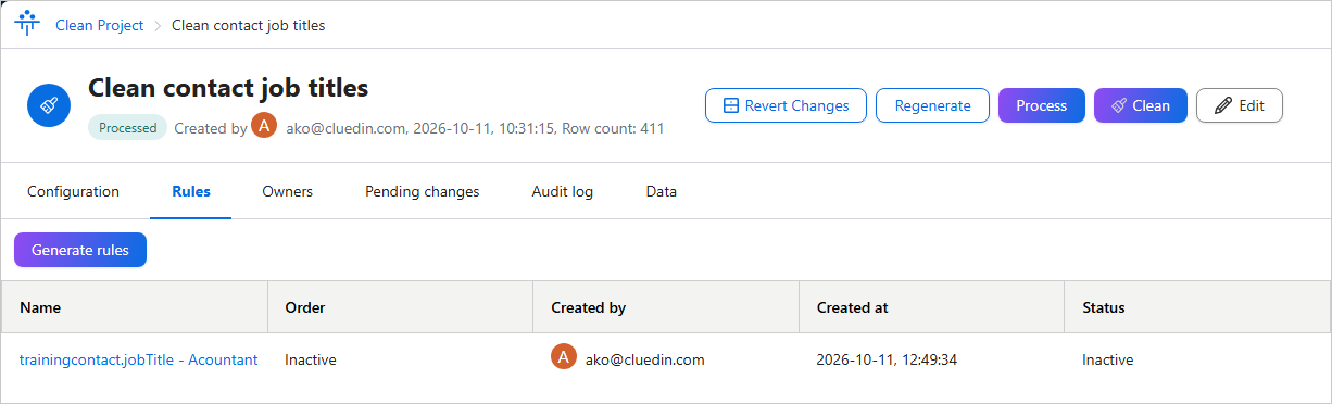 The Rules tab of a clean project with the Generate rules button and a generated rule for trainingcontact.jobTitle that is inactive