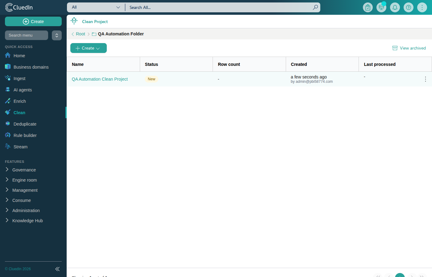 Inside a folder in the Clean Project list, with the breadcrumb Root > QA Automation Folder above the projects it contains