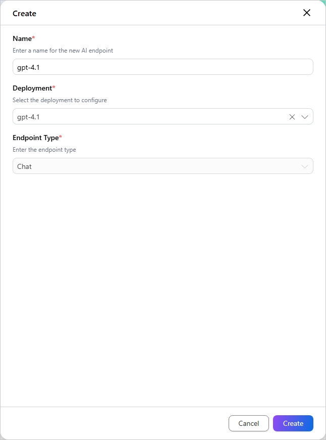 Create endpoint pane with name gpt-4.1, deployment gpt-4.1, and endpoint type Chat