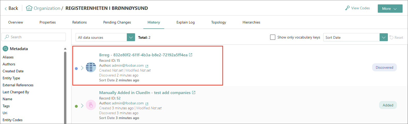 Golden record History page with the Brreg data part highlighted, showing its record ID, author and sort date