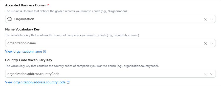 Brreg Configure tab with Accepted Business Domain Organization, Name Vocabulary Key and Country Code Vocabulary Key filled in