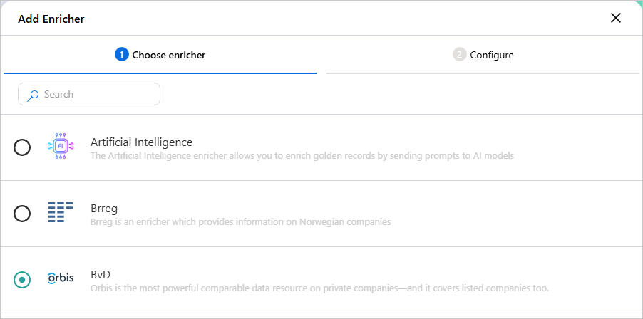 Add Enricher dialog on the Choose enricher tab with BvD selected