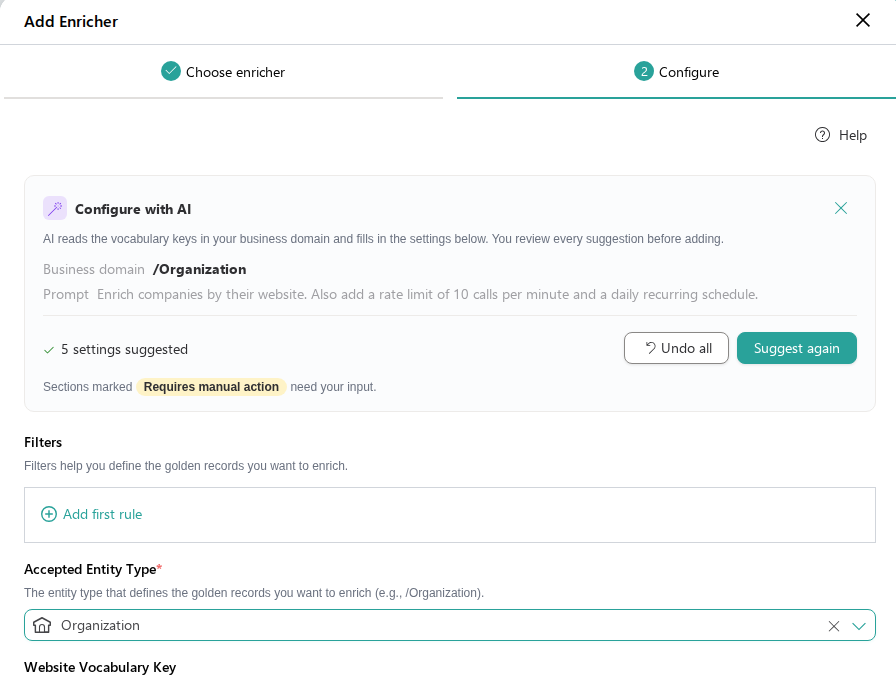 The Configure tab after AI suggested settings: a summary banner showing the business domain, prompt and number of settings suggested, with Undo all and Suggest again buttons