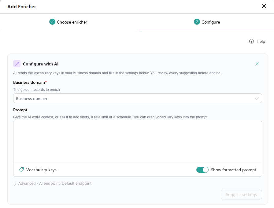 The Configure with AI panel on the Add Enricher dialog's Configure tab, with a Business domain selector, a Prompt field, and a Suggest settings button
