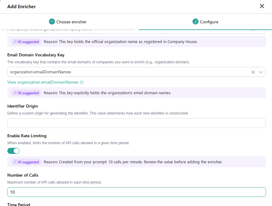 The Website Vocabulary Key field with two AI-suggested possible keys, and Enable Rate Limiting turned on with a reason and a suggested number of calls
