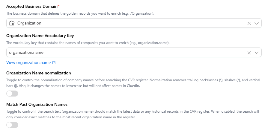 CVR enricher settings: Accepted Business Domain, Organization Name Vocabulary Key, and the normalization and Match Past Organization Names toggles