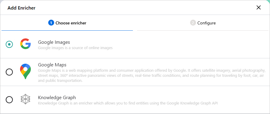 The Choose enricher tab of the Add Enricher dialog with Google Images selected