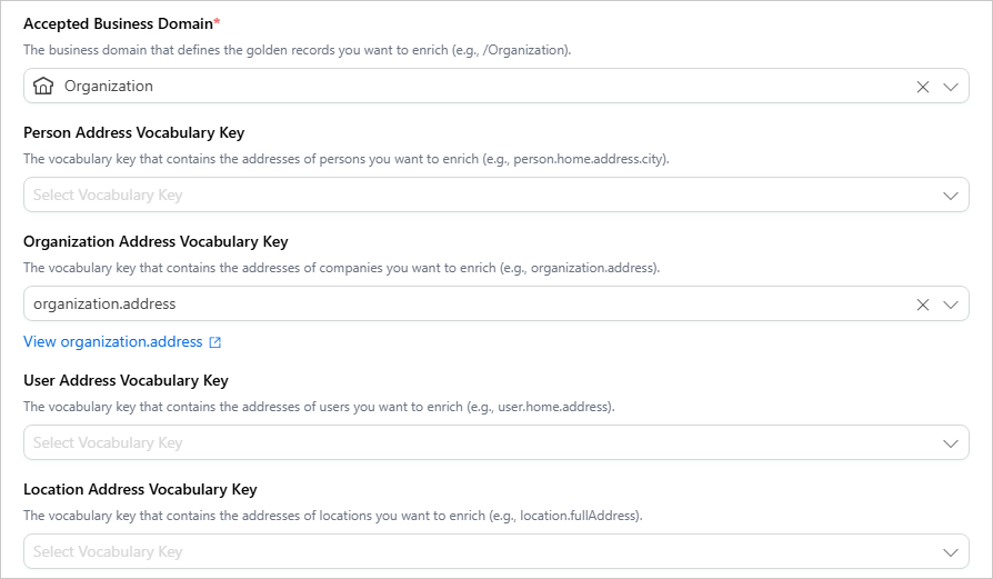 Libpostal Configure tab with Accepted Business Domain set to Organization and Organization Address Vocabulary Key set to organization.address