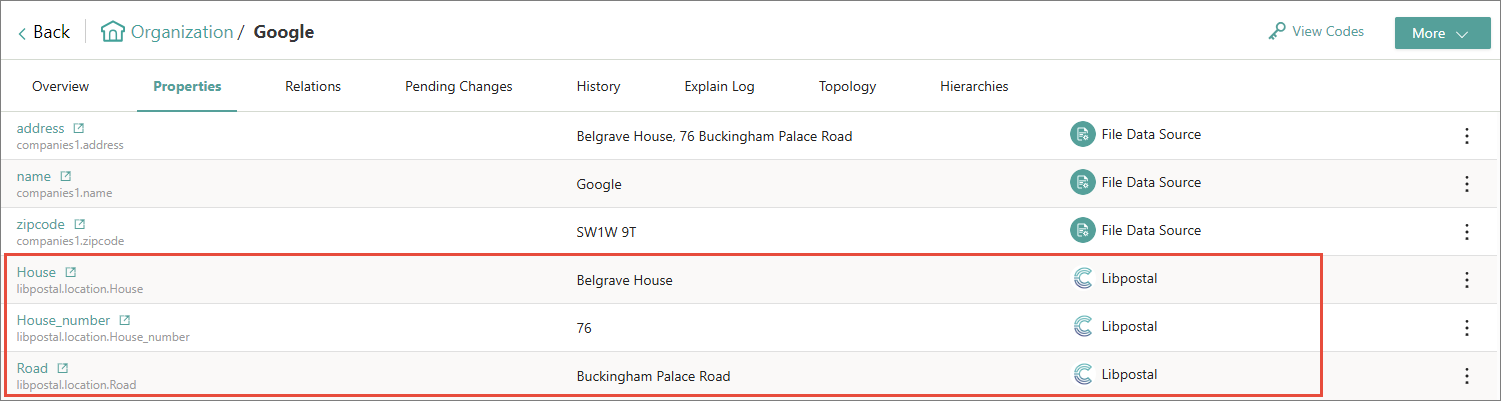 Properties page of the Google golden record with the House, House_number, and Road properties from Libpostal highlighted