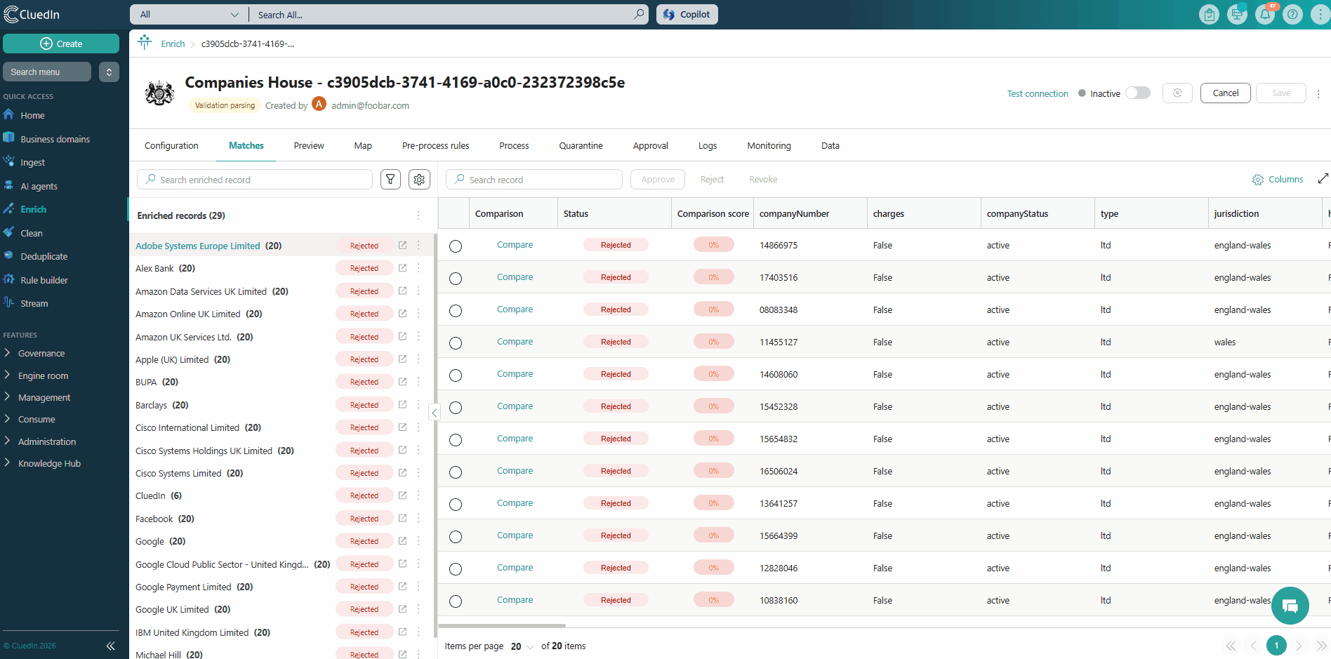 Animation: opening the More menu next to one enriched record and processing all of its candidates at once