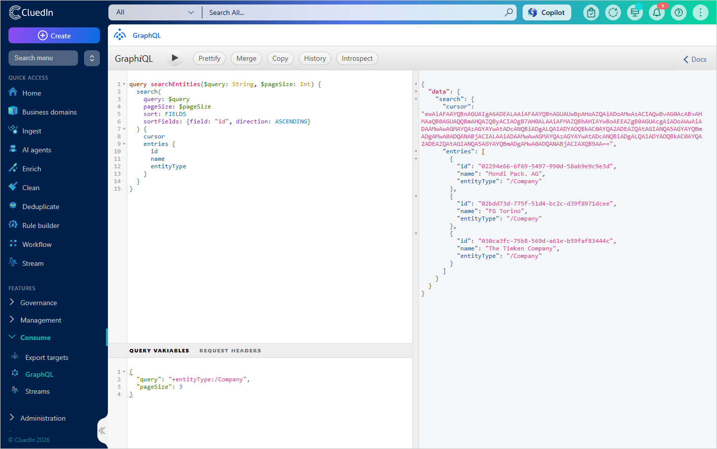 GraphiQL in CluedIn running the searchEntities query with query and pageSize variables, returning a cursor and three Company entries