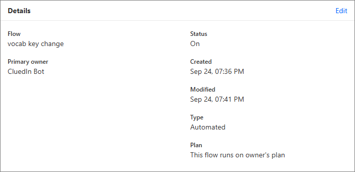 The Details section of workflow properties showing flow name, primary owner, status On, created and modified dates, type and plan